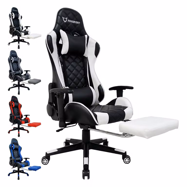 Krzesło do gier FOXSPORT Ergonomiczne krzesło biurowe o wyścigowym designie do 150 kg - z wysuwanym podnóżkiem, regulowanym zagłówkiem i podparciem lędźwiowym - białe
