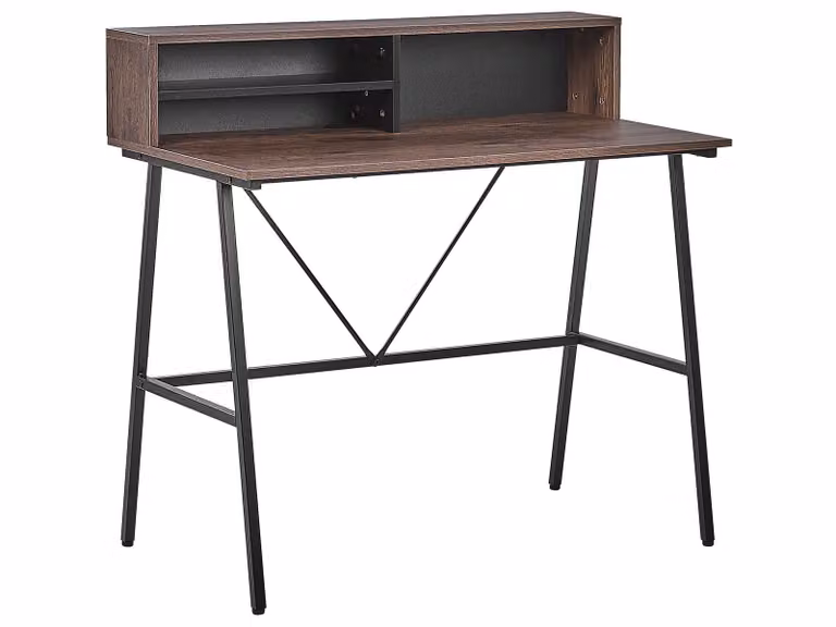 BELIANI Biurko ciemnobrązowy płyta 100 x 50 cm czarna metalowa rama z półkami