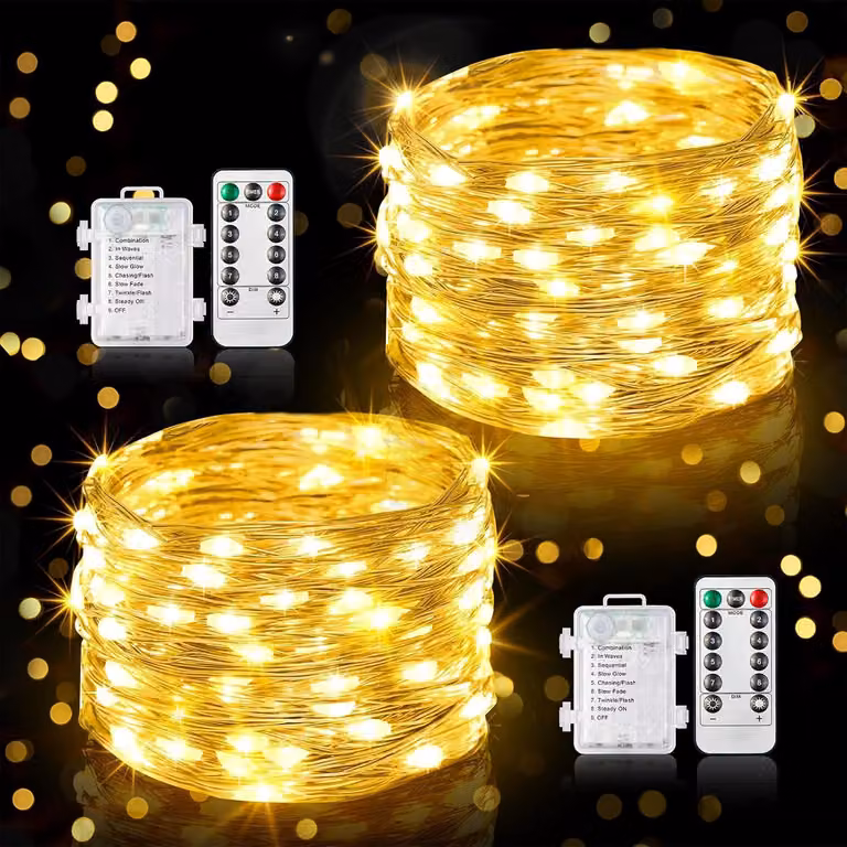 Światełka zewnętrzne – zasilanie bateryjne – 2 x 10 metrów – 100 diod LED – Miniaturowy łańcuch świetlny zasilany bateriami – Pilot – Timer