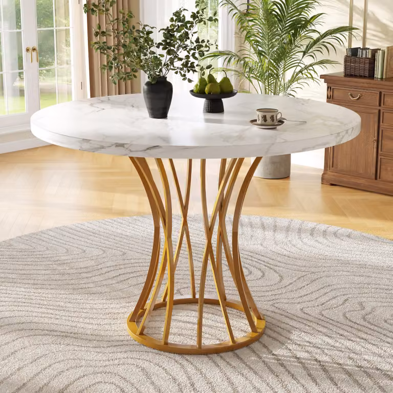 Okrągły marmurowy stół do jadalni 80×80×76 cm – lekki/ 4–6 osób, blat MDF, złote nogi, jadalnia/salon