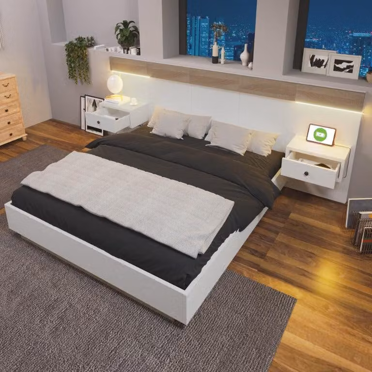 Łóżko dwuosobowe z szafkami nocnymi – wykończenie imitujące dąb Sonoma i biały mat – wymiary 140x200 cm