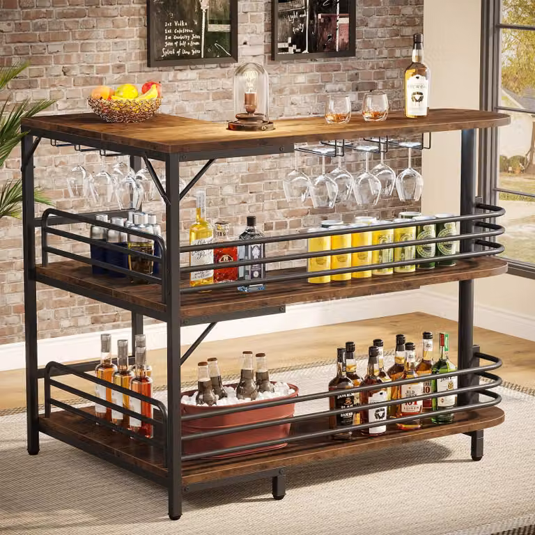 Bar w kształcie litery L - Bar domowy - Stolik barowy - Bar koktajlowy - Mebel barowy - Duża przestrzeń do przechowywania