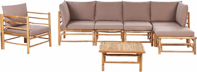 BELIANI Zestaw mebli ogrodowych narożny jasnobrązowy bambusowe 6-osobowy beżowoszary poduszki fotel stolik styl Boho do ogrodu na patio
