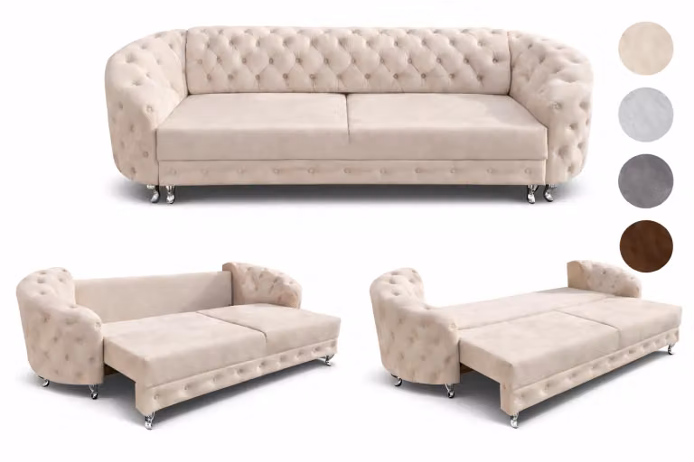 Rozkładana sofa Chesterfield MOLLY z pojemnikiem na pościel – sofa trzyosobowa, funkcja spania, aksamit w kolorze beżowym, 290 cm