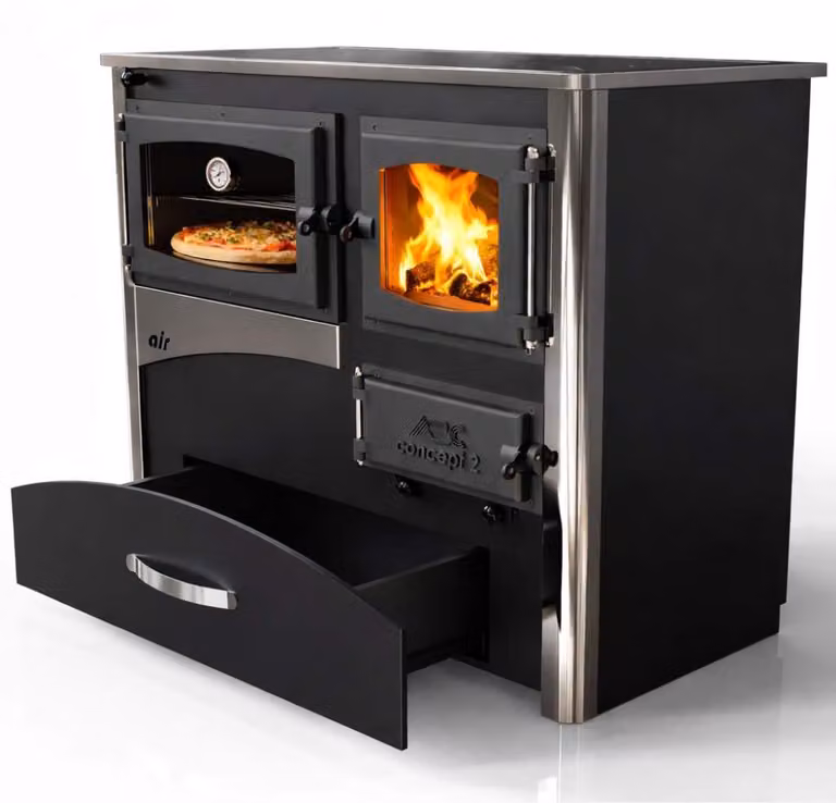Piec opalany drewnem z komorą pieczenia i płytą grzewczą ABC Concept 2 Air Left Wielozadaniowy piec opalany drewnem 11,6 kW Piec kominkowy Piec warsztatowy na drewno Piec szwedzki Piec kabinowy
