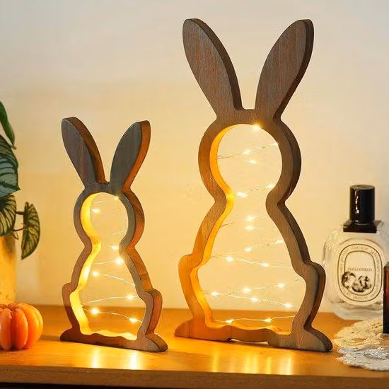 Nowoczesny drewniany zajączek wielkanocny – zestaw 2-częściowy – 30 x 16,5 cm – z oświetleniem LED – dekoracja wielkanocna