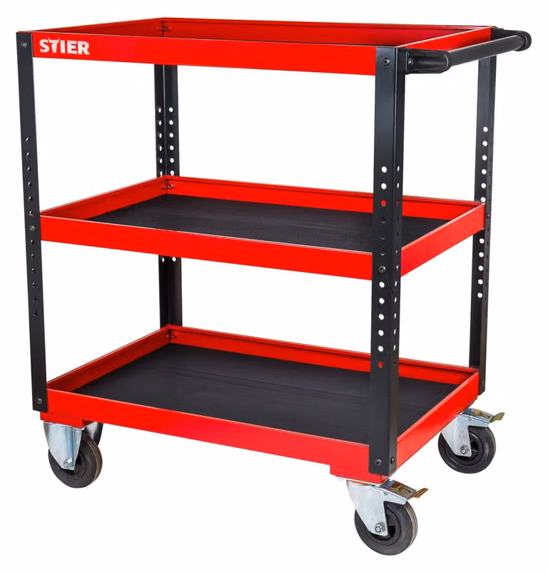 Wózek serwisowy STIER, wys. x szer. x gł. 969 x 894 x 543 mm, wózek transportowy z uchwytem do pchania, wózek do serwowania z hamulcami, wózek stołowy z 3 półkami, nośność 50 kg na półkę