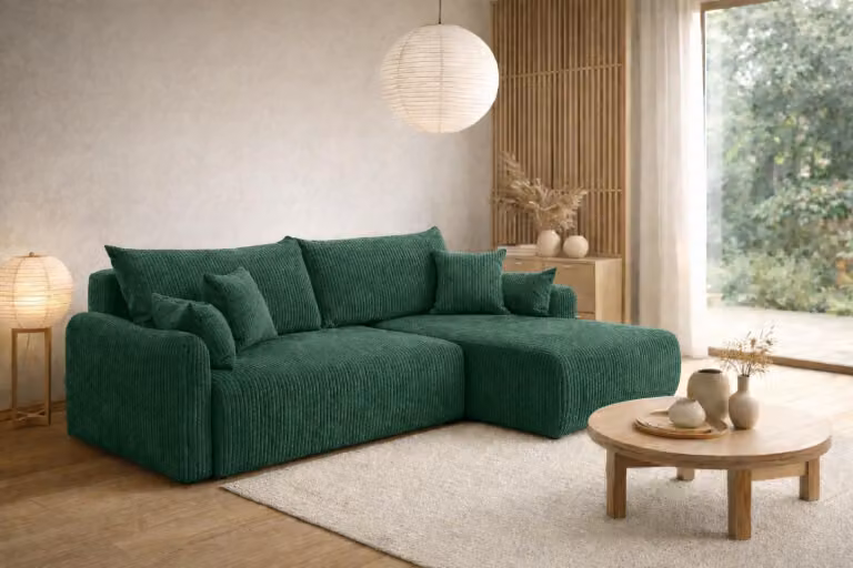 Narożnik z funkcją spania i pojemnikiem, tkanina sztruksowa Poso, Zielony, Prawy, JAPANDI