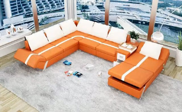 Duża, skórzana sofa narożna, model PH2718, w kształcie litery U, idealna do salonu