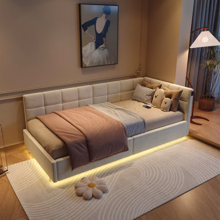 Beżowe łóżko pojedyncze 90x200 cm z aksamitu z efektem unoszenia się, schowkiem hydraulicznym, portami USB/Type-C i taśmą LED RGB z pilotem zdalnego sterowania
