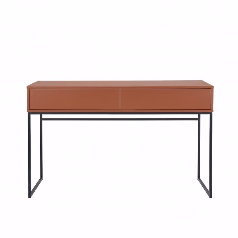 Toaletka BETTSO GENUA 137 cm, kolor terakota, konsola, biurko na laptopa, szuflady z funkcją push-to-open, czarna metalowa rama