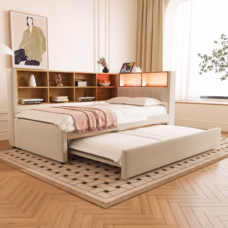 Sofa rozkładana 90x200 cm z wysuwanym łóżkiem 90x190 cm, oświetleniem LED, portami USB/USB-C, gniazdkami elektrycznymi i schowkami, flanela, beżowa