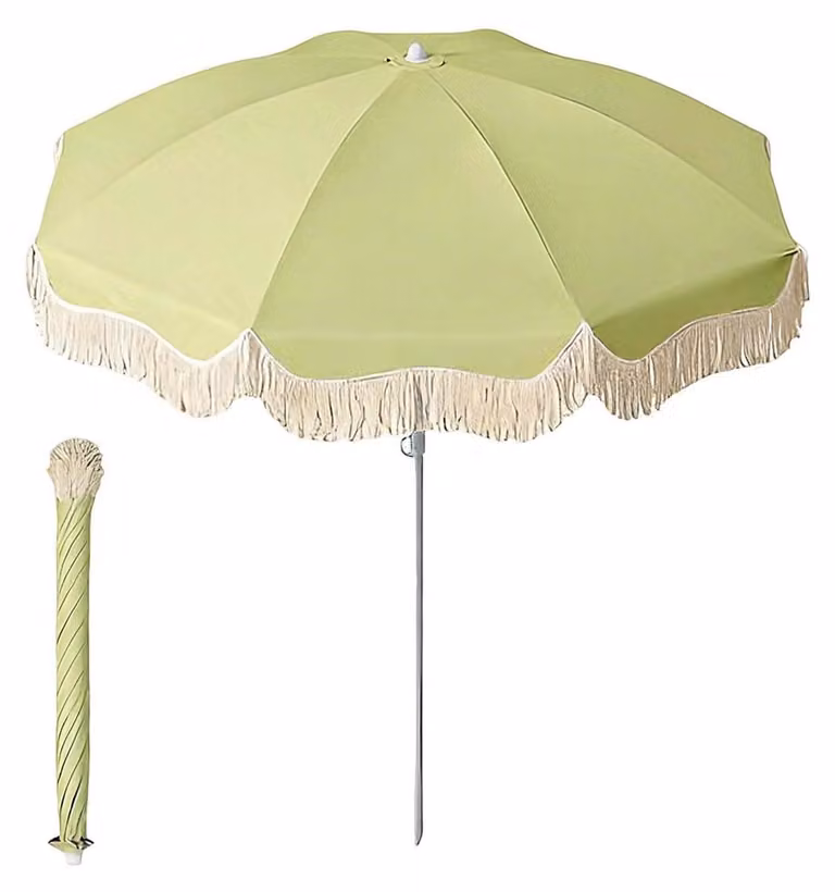 Parasol 150 cm w stylu boho, z frędzlami, parasol plażowy w stylu vintage, ochrona UV UPF 50+, wodoodporny, kolor beżowy