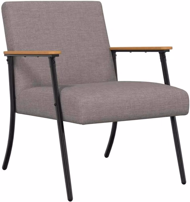Fotel tapicerowany aksamitem w kolorze taupe, nowoczesny design, wymiary 59x75x78 cm, rama stalowa. Ergonomiczny i wygodny, idealny do salonu, sypialni i kącika do czytania