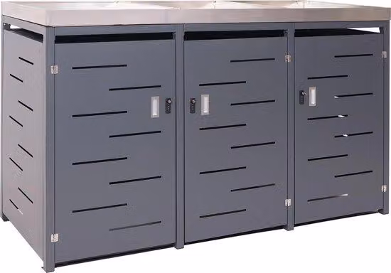 Osłona na 3 pojemniki na śmieci MCW-H40, schowek na pojemniki na śmieci, skrzynka na rośliny, kombinacja stali nierdzewnej i metalu, 78 kg, 125 x 198 x 84 cm, z możliwością rozbudowy