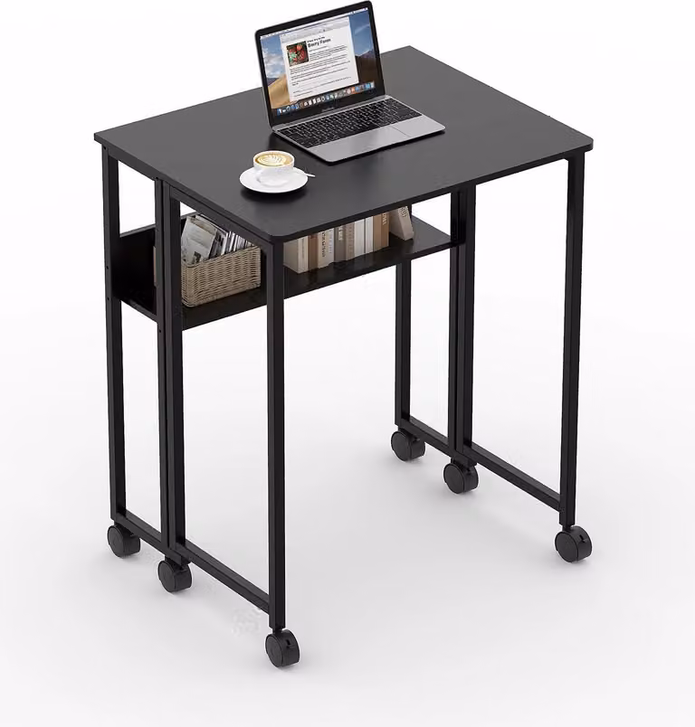 Składane biurko na kółkach – stolik pod laptopa – kompaktowe rozwiązanie do małych pomieszczeń – z półką – drewno – łatwy montaż – jasnoszare