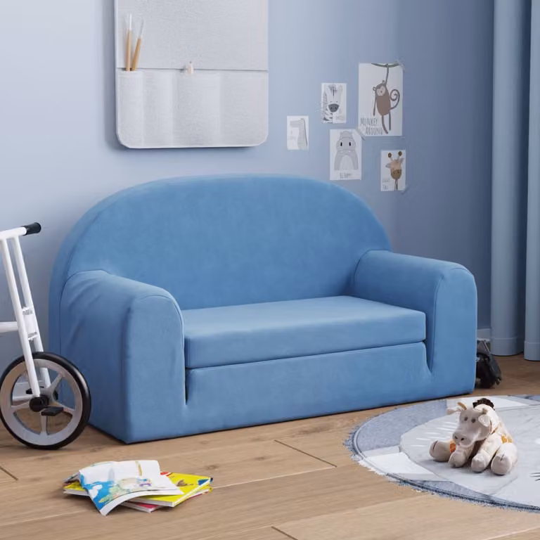 Maison Exclusive – dwuosobowa rozkładana sofa dla dzieci, niebieska, z miękkim pluszem