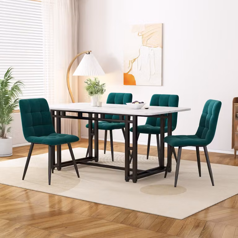 Sweiko 120x70cm czarny stół z 4 krzesłami, nowoczesny stół kuchenny, ciemnozielone aksamitne krzesła, czarny stół na żelaznych nogach