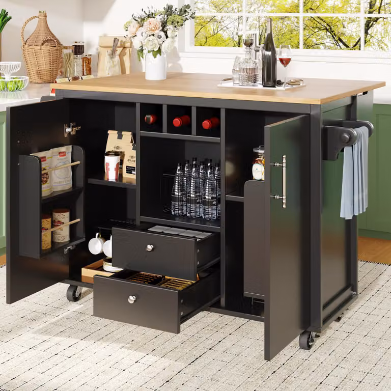 Fortuna Lai Wyspa kuchenna Szafka bufetowa 120 x 73 (45) x 92 cm Szafka kuchenna Wózek kuchenny i składany blat roboczy z wieszakiem na ręczniki Półka na przyprawy Półka na drzwi Półka na wino i regulowane półki, biały/czarny