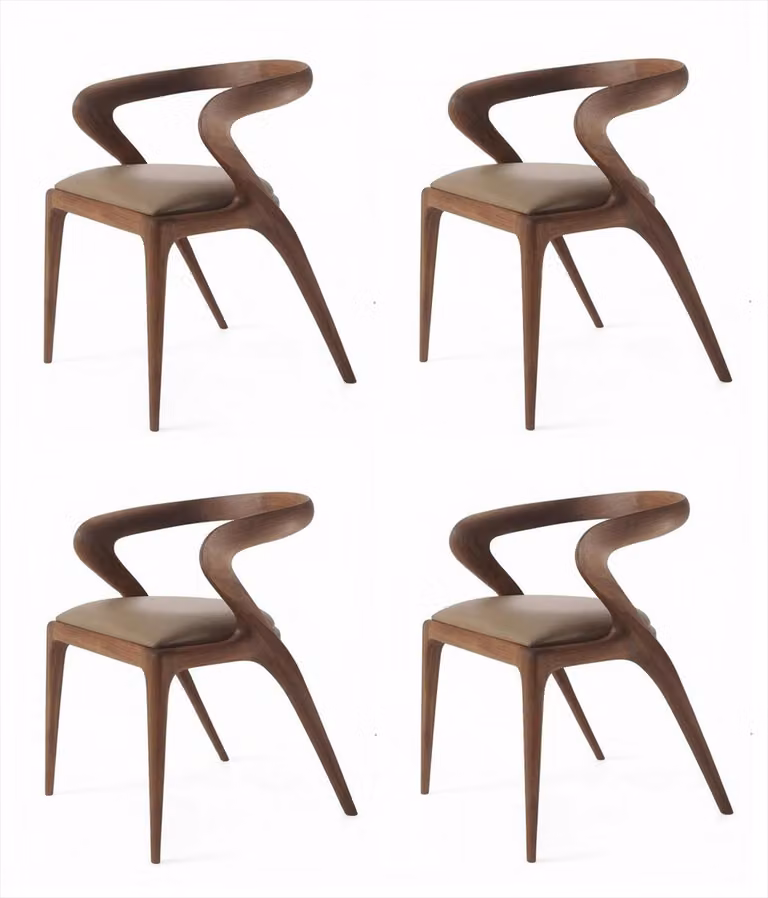 4 krzesła do jadalni, orzechowe drewno, beżowe, tapicerowane, styl mid-century modern