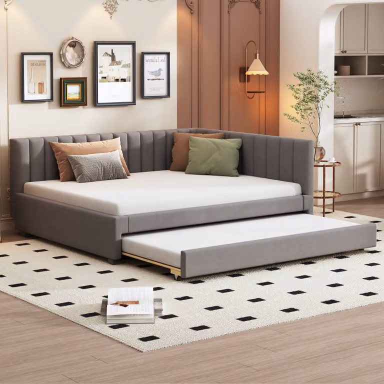 Łóżko tapicerowane Flieks 140x200 cm ze stelażem listwowym, rozkładana sofa z wysuwanym łóżkiem, łóżko podwójne łóżko gościnne łóżko dzienne łóżko młodzieżowe rozkładana sofa, aksamit, szary
