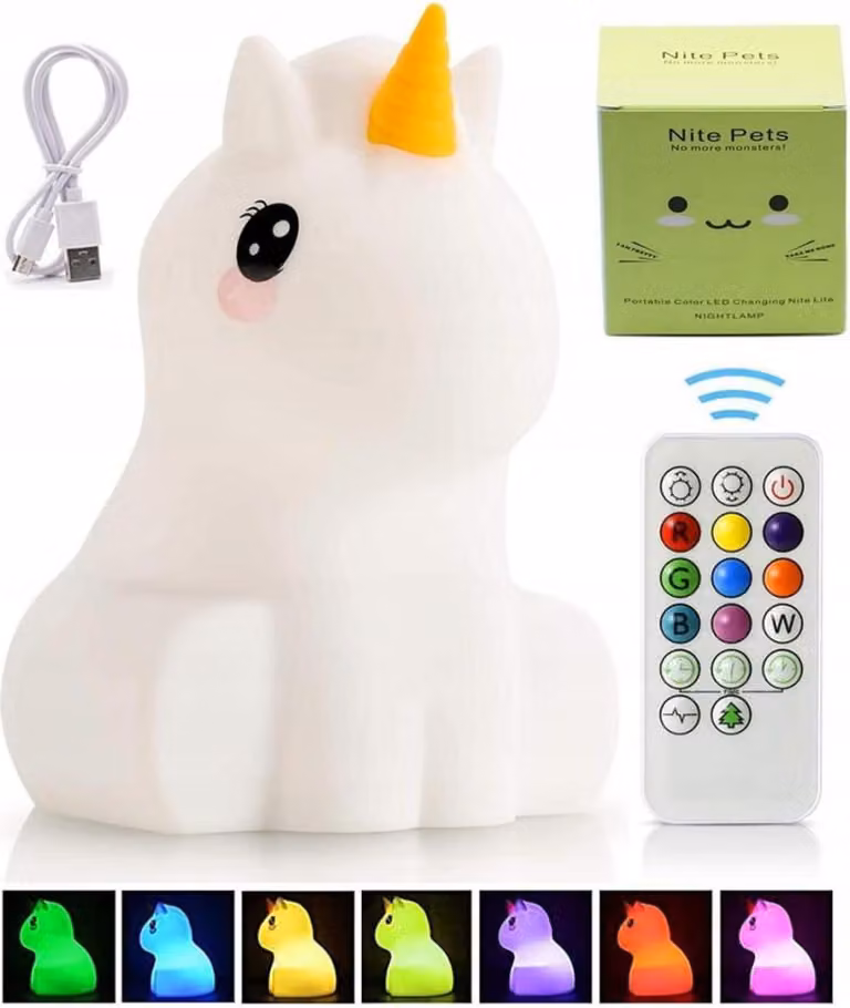 Lampka nocna - LED RGB - Jednorożec - Silikon - 9 kolorów - 3 tryby - do 25 godzin pracy na baterii