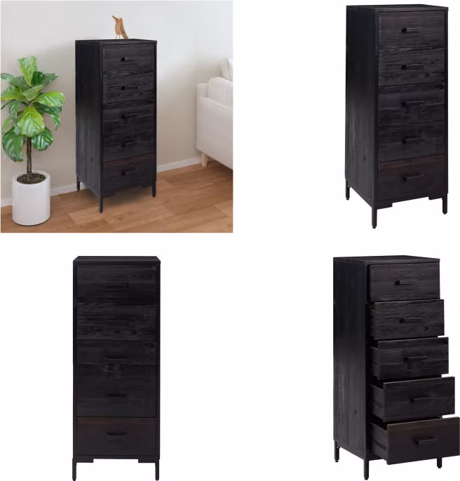 vidaXL Komoda z szufladami czarna 42x35x110 cm z litego drewna sosnowego - Komoda - Komoda z szufladami - Kredens - Szafka z szufladami