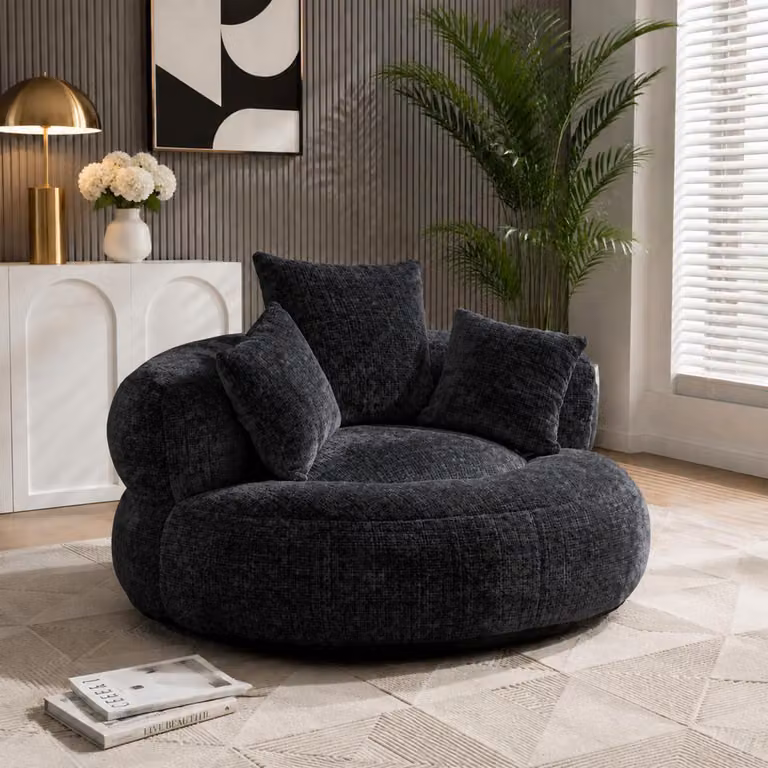 Pufa-sofa z 3 poduszkami, okrągłe fotele relaksacyjne typu "bean bag" dla dorosłych i dzieci, pojedyncze fotele do użytku w pomieszczeniach, sofa-fotel do gier do salonu, materiał: chenille, kolor: czarny