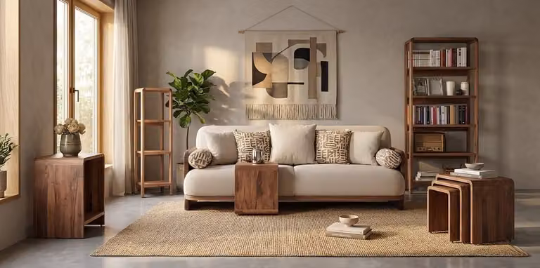 Sofa trzyosobowe, 2 regały na książki, 3 stoliki kawowe. Styl: nowoczesny. Kolor: brązowy. Nowe