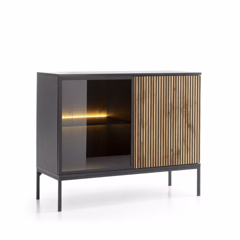 Komoda SENSO PS, dąb Votan / czarny, wymiary: 104 x 83 x 39 cm, z oświetleniem LED i frontem z fakturą