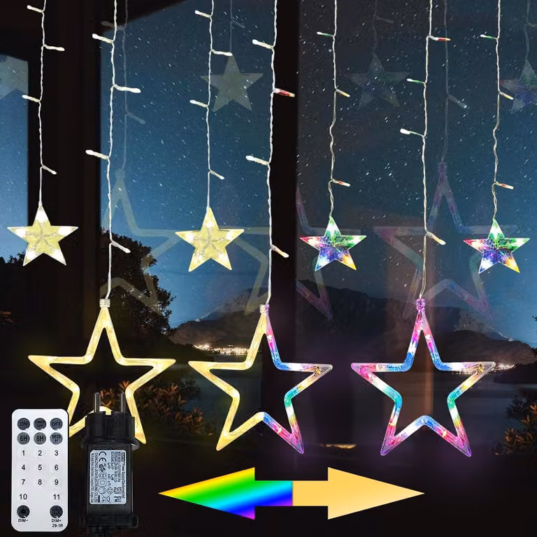 Światełka zewnętrzne - Gwiazdy - 2,3 metra - 138 diod LED - 4 tryby zmiany kolorów - Zasilanie sieciowe - Pilot