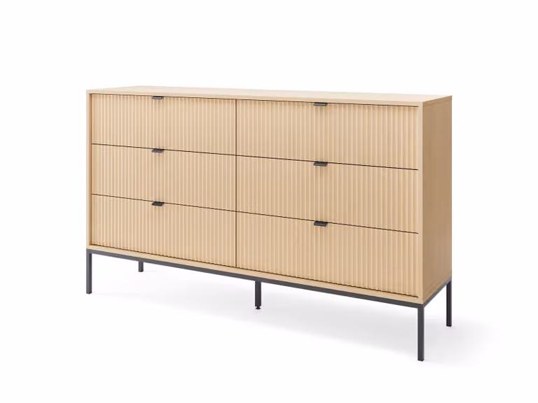 Komoda NOVUM, dąb Vicenza, 154 × 91 × 39 cm – Komoda z 6 szufladami i czarną metalową konstrukcją