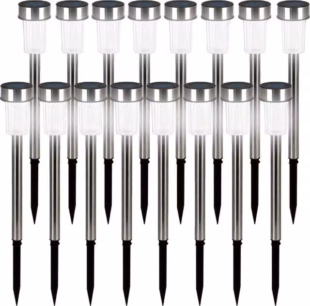 Zestaw 16 solarnych lamp LED monzana® w kolorze srebrnym i czarnym ze stali nierdzewnej z czujnikiem zmierzchu i palikiem do ogrodu