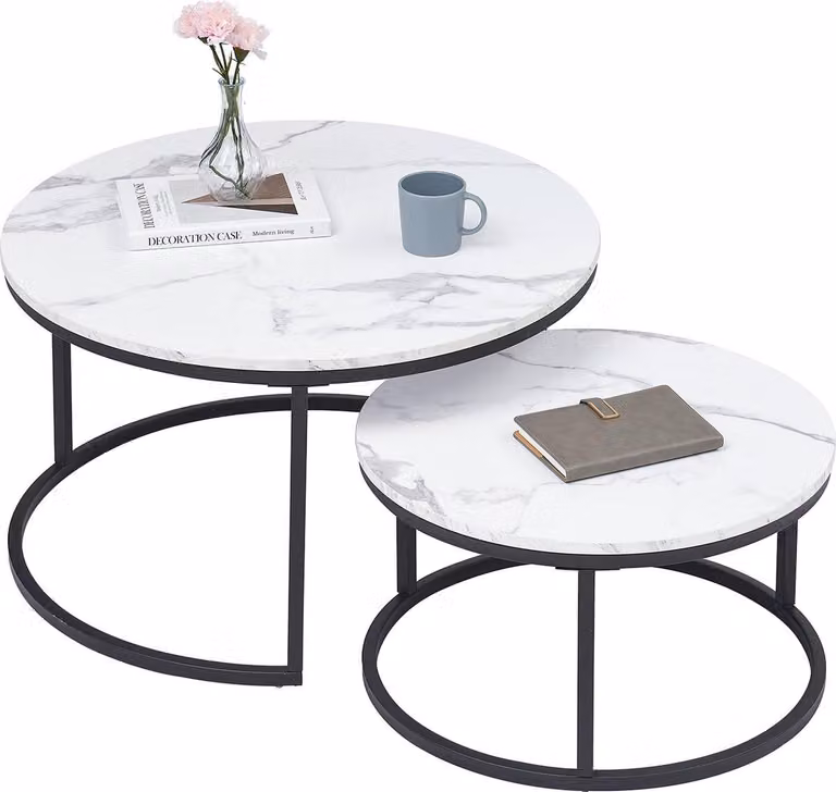 Happyment Luxe stolik kawowy biały - marmurowy wygląd - zestaw 2 - styl wiejski - salon - czarna rama - okrągły - 60 i 40 cm
