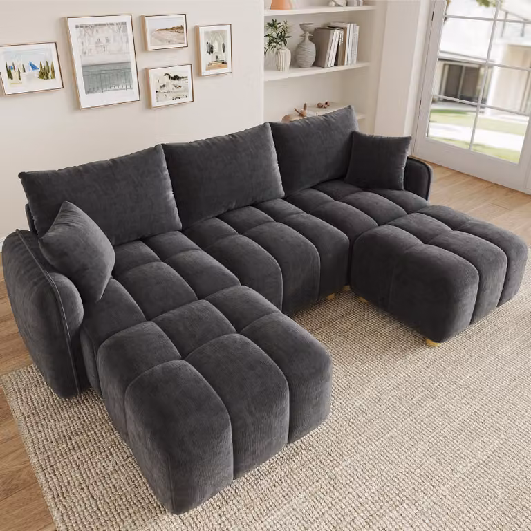 Modułowa, narożna sofa Merax, kształt L/U, 5-osobowa, kolekcja Cloud, z 2 podnóżkami, sofa z tkaniny chenille, z poduszkami, szerokie podłokietniki, sofa do salonu, kolor szary