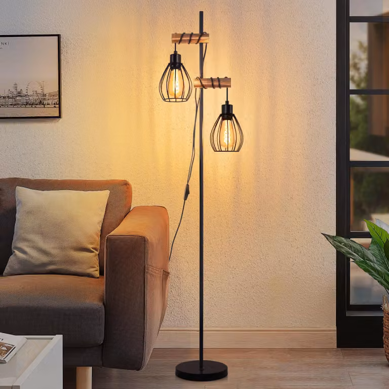 ZMH lampa podłogowa czarna metalowa lampa podłogowa drewniana salon vintage lampa podłogowa 2 płomienie w stylu industrialnym z przełącznikiem E27 gniazdo 152cm retro lampa podłogowa