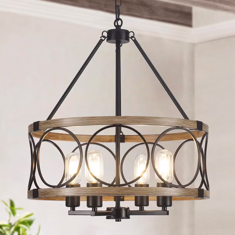Lampa wisząca, 4 źródła światła, gwint E27, czarna, imitacja drewna, 45 cm