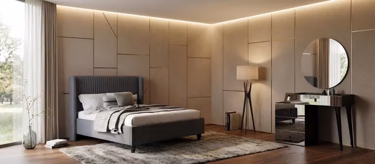 Komplet do sypialni: łóżko, toaletka, kolor czarny, nowoczesny design, wygodny, wykonany z drewna