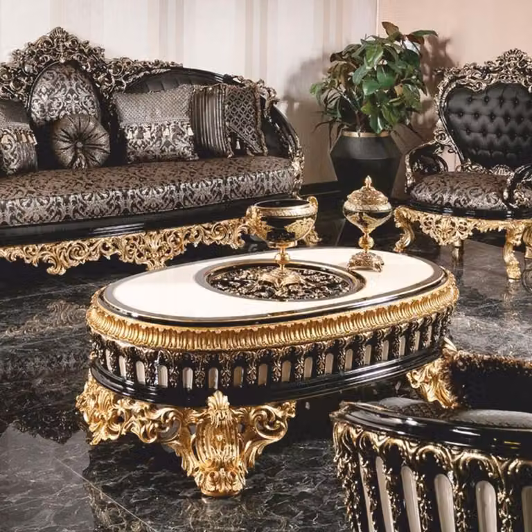 Stolik kawowy Casa Padrino, styl barokowy, czarny/biały/złoty, 145 cm - owalny stolik do salonu w stylu barokowym - meble do salonu w stylu barokowym