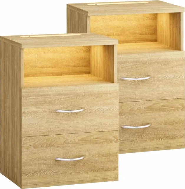 Zestaw 2 stolików nocnych CASARIA Jamie w kolorze dębowym z oświetleniem i portem USB, W x S x G: 55 x 40 x 28 cm