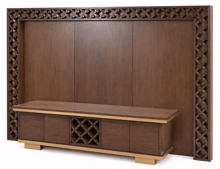 brązowy stolik pod telewizor, designerski, wykonany z drewna orzechowego, meble do salonu