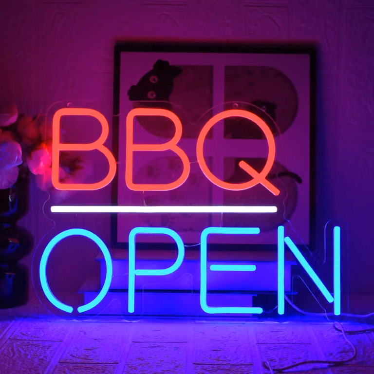 Neonowa tablica "BBQ Open", LED, zasilana przez USB, 42x29,5 cm, dekoracja ścienna