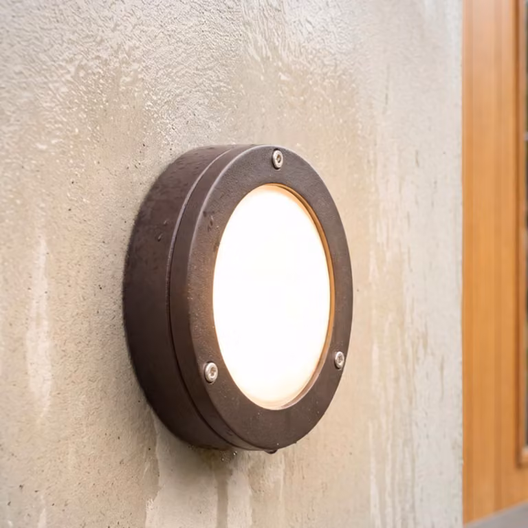 Lampa zewnętrzna montowana na ścianie, mosiądz, solidna konstrukcja, szkło, średnica 14 cm, okrągła, IP64, czarna, żarówka G9, styl morski