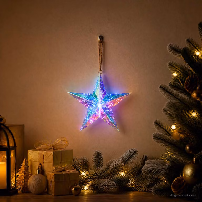 Prismaticzna, opalizująca gwiazda LED, wielokolorowa, średnica 32 cm, wysokość 30 cm