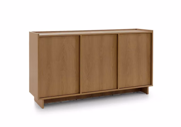 Komoda BETTSO SUNA w stylu japandi, kredens z drewna dębowego w kolorze karmelowym, bez uchwytów, do salonu, 6 przegródek, 147 x 81 x 39 cm, przystosowana do odkurzaczy automatycznych
