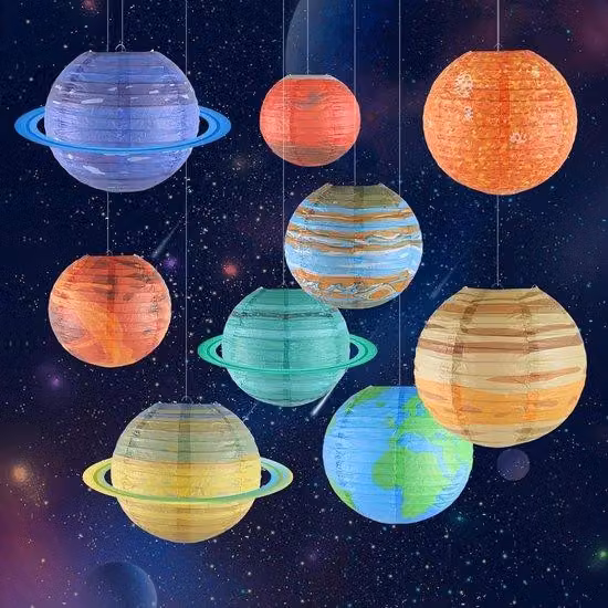 Zestaw papierowych lampionów, 25 cm - motyw Układu Słonecznego - 9 kolorowych planet - idealne na przyjęcia dla dzieci