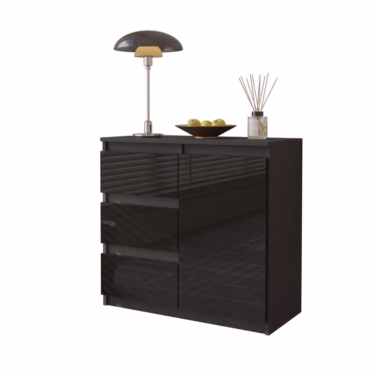 Komoda 80 Cm Antracyt / Czarny Połysk 3 Szuflady, 1 Drzwi, 1 Półka, Salon