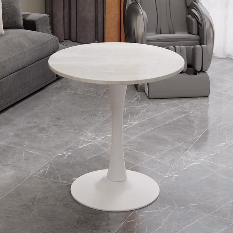 Okrągły stolik kawowy imitujący marmur, biały, średnica 70 cm – stół jadalny w stylu mid-century, idealny dla 2-4 osób, oszczędzający miejsce, idealny do salonu i jadalni