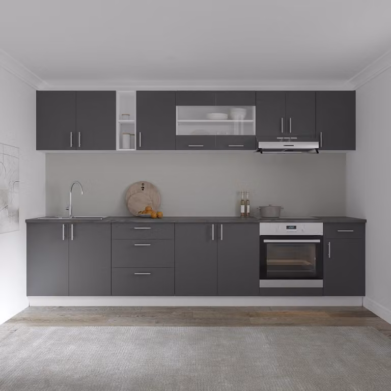 Komplet kuchenny Karo V28, antracyt/biały, blat termoformowany o grubości 28 mm, szerokość 320 cm