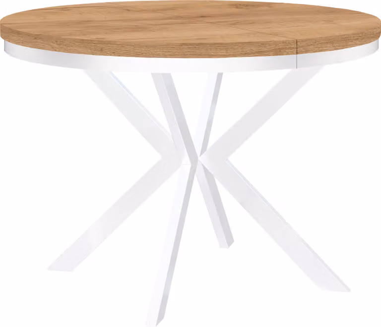 Okrągły stół jadalny biały ENDIK, rozkładany, 100/150 cm, dąb Craft Gold z metalową podstawą w kształcie obręczy – styl industrialny, loft
